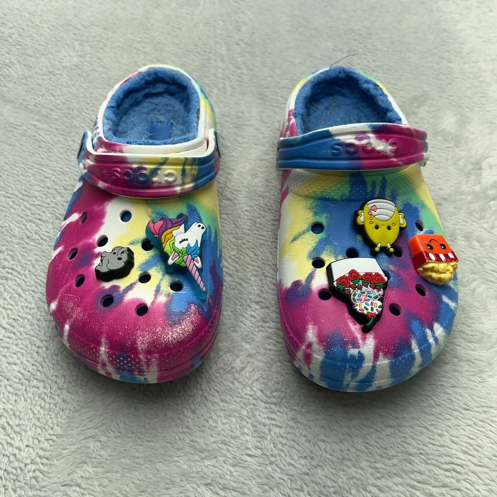Kids Crocs Lined Tie Dye Clogs Size 13 with Charms Unicorn Chicken Cake